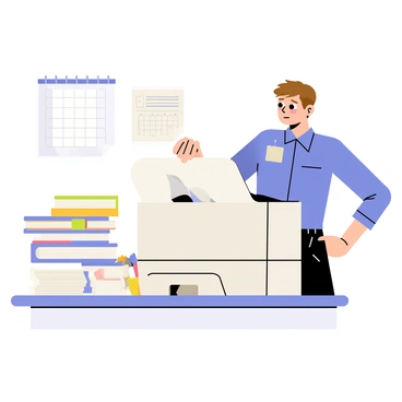 An office worker frustratedly pulling paper from a jammed printer