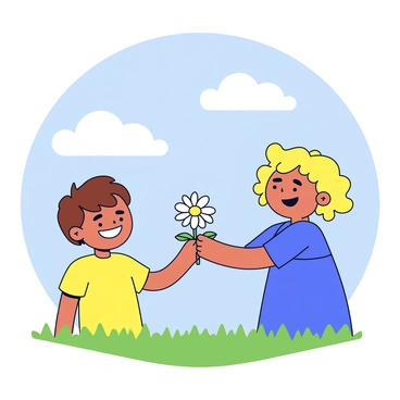 A child with short brown hair wearing a yellow t-shirt is smiling as they receive a single white daisy from a friend. The friend, with curly blonde hair and wearing a blue dress, is extending the flower towards the child. The scene is set in a grassy area with a few simple clouds in a clear blue sky. The daisy stands out with its bright yellow center and white petals, symbolizing the bond of friendship between the two children.