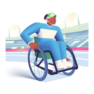 A wheelchair racer with dark skin and short, styled hair is speeding down a track. The racer is wearing a fitted, bright blue racing suit with white stripes and a helmet for safety. Their face displays a determined expression, showcasing intense focus and concentration. The wheelchair is a sleek, aerodynamic design, with polished wheels that blur from speed. The background features the blurred outline of a track stadium, emphasizing the motion and dynamic energy of the race. The sun is shining overhead, casting shadows on the track surface.