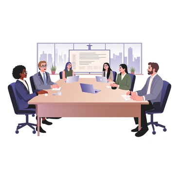 A digital flat illustration depicting a corporate team gathered in a conference room. There are six professionals seated around a large rectangular table. On the left, a woman with dark skin and curly hair is speaking, wearing a navy blazer and glasses. Next to her is a man with light skin and short brown hair, wearing a white shirt and a blue tie, taking notes on a notepad. On the right side, another woman with medium skin and straight black hair is presenting on a laptop, wearing a green dress. The man next to her, with light skin and a beard, is nodding, dressed in a gray suit. In the background, a whiteboard is filled with charts and text. Large windows reveal a city skyline, and there are a few potted plants in the corners of the room. A coffee machine and cups are visible on a small side table.