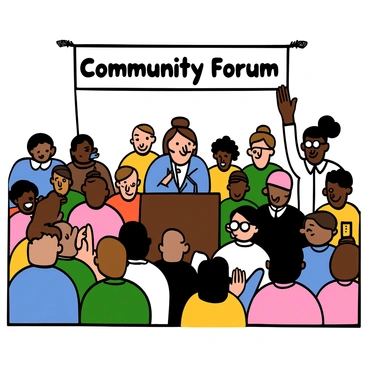 A community town hall meeting taking place in a large room filled with residents. A diverse group of light-skinned and dark-skinned individuals are seated, some with big eyes showing engagement. In the foreground, a middle-aged woman with brown hair is standing at a podium, passionately voicing her opinion, wearing a blue blazer. To her left, a young man with black hair and glasses is raising his hand to speak, wearing a white shirt. The audience is attentive, with some residents nodding and taking notes. A banner with the words "Community Forum" hangs above the podium, creating a sense of unity in the room.
