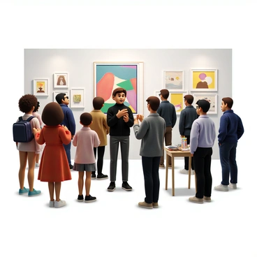 An illustrator with short brown hair, wearing a black turtleneck sweater and dark jeans, stands in a brightly lit gallery. They are surrounded by a diverse group of visitors, including a woman with curly hair in a red dress and a man in a blue suit. The illustrator is animatedly discussing a large, colorful painting that features abstract shapes and vivid colors. Various framed art pieces line the walls, showcasing different styles and techniques. The atmosphere is filled with a sense of curiosity and engagement as visitors admire the artwork. A small table with brochures and refreshments is set up nearby, adding to the gallery ambiance.