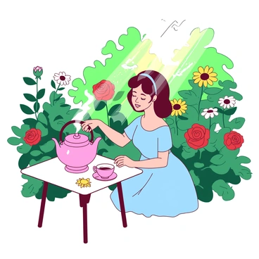 A pink teacup sits delicately on a small white table. Priscilla, wearing a light blue dress, is seated at the table, gracefully pouring steaming tea from a white teapot into the pink cup. Surrounding her, a lush garden bursts with vibrant green foliage and colorful flowers, including red roses and yellow daisies. Sunlight filters through the leaves, casting dappled shadows on the table. A gentle breeze causes the leaves to sway softly, enhancing the tranquil atmosphere of the scene.