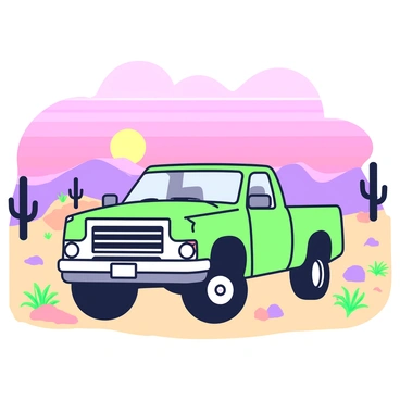 A truck is parked in an expansive desert landscape, with its headlights illuminated. The truck has a robust design, featuring a prominent grille and large tires. The ground is sandy, dotted with sparse vegetation and scattered rocks. The sky is filled with vibrant hues as the sun sets, casting a colorful glow across the horizon. Silhouetted cacti can be seen in the background, adding to the desert scenery. The soft shadows of the landscape enhance the truck's presence in the scene.