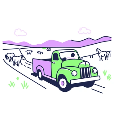 A vintage truck is driving along a snowy ranch road. The truck is an old model with a rounded front and has a shiny green and purple exterior. Snow covers the ground, creating a white blanket over the landscape. In the fields beside the road, several horses are grazing peacefully, their outlines soft against the snow. A few cattle can also be seen in the distance, standing in clusters. Rolling hills are visible in the background, adding depth to the ranch scenery. The sky above is clear and bright, complementing the wintery scene.