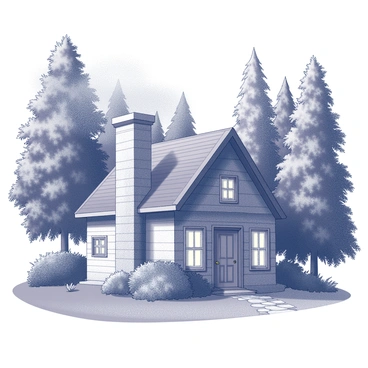 A small cottage nestled among tall trees in a dense forest. The cottage has a steeply pitched roof and a stone chimney from which "smoke curls" into the air. The exterior of the cottage is made of weathered wood, giving it a rustic appearance. Surrounding the cottage are various plants and shrubs, adding to its hidden charm. Sunlight filters through the leaves, creating dappled shadows on the ground. A narrow path leads to the front door, inviting exploration of this secluded retreat.