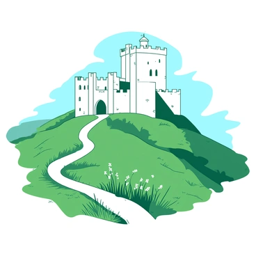 A white ancient Irish castle stands majestically on a hill surrounded by lush green countryside. The castle features tall, weathered stone towers, arched windows, and a fortified wall. A soft, white mist envelops the base of the castle, giving it an ethereal appearance. In the foreground, rolling green hills stretch out, dotted with patches of wildflowers. A narrow, winding path leads up to the castle entrance, flanked by tall grasses swaying gently in the morning breeze. The sky above is a light blue, hinting at the dawn of a new day.