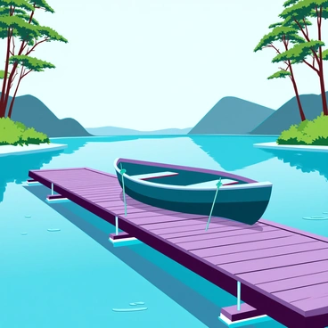 A wooden dock extending into a calm lake, with sunlight reflecting off the water's surface. The dock is lined with small fenders, and a single wooden boat is tied securely to one side. The boat is painted a deep forest green, with white accents and a pair of oars resting inside. Gentle ripples can be seen around the boat, suggesting a light breeze. Surrounding the lake, lush greenery and tall trees create a natural frame, adding depth to the scene. In the distance, soft hills rise against a clear blue sky, enhancing the peaceful atmosphere.