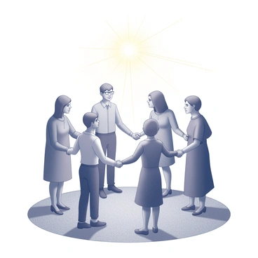 A circle of individuals of different ethnicities and ages, standing together and holding hands. Each person has distinct features that represent their background. They are positioned in a harmonious arrangement, creating a sense of unity. Above them, there is a bright, radiant light source emitting beams that illuminate their faces and the surrounding area. The ground beneath them is textured, adding depth to the scene, enhancing the visual contrast with the illuminated figures.