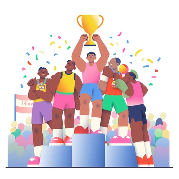 A group of basketball players in colorful jerseys is gathered on a podium, celebrating with a large championship trophy held high in the center. The players have a variety of skin tones, and they are all smiling, showcasing a mix of excitement and pride. Confetti is falling around them in vibrant colors, adding to the festive atmosphere. Some players are hugging each other, while others are showing off their medals. In the background, a crowd of fans is cheering, waving banners and flags in the team's colors.