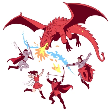 A group of five champions is positioned in mid-air, each displaying a distinct dynamic pose. The first champion, clad in shining silver armor, wields a large sword that glows with a bright light. The second, a female archer, draws back her bowstring, targeting the dragon with an arrow that crackles with energy. The third champion, a wizard, gestures dramatically, summoning swirling blue magic around him. The fourth, a heavily armored knight, stands ready with a shield, bracing for the dragon's attack. The colossal dragon, with massive wings spread wide, looms above them, its scales shimmering in hues of red and orange. Flames flicker from its mouth as it descends, creating a dramatic contrast against the champions. The scene is filled with intensity and action as the champions prepare for the fierce confrontation.