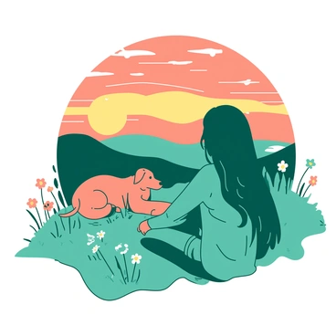 A teal girl with long hair is sitting on a grassy hill, her legs crossed. Next to her, a small orange dog is resting its head on her lap. Both are gazing at the horizon where a vibrant sunset is unfolding, with hues blending beautifully. The sky is filled with shades of orange and yellow as the sun begins to dip below the skyline. In the foreground, wildflowers are scattered around the girl and her dog, adding a touch of nature to the serene scene.