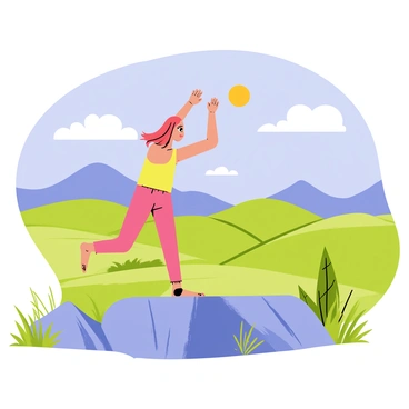 A girl with long flowing hair is performing a yoga pose on a rocky mountaintop. She is wearing a bright-colored tank top and yoga pants. The sun is shining brightly, casting soft shadows on her figure. In the background, a vast valley stretches out, filled with greenery and rolling hills. Fluffy white clouds are scattered across a clear blue sky. The scene captures the tranquility of nature with a gentle breeze rustling the nearby grass.