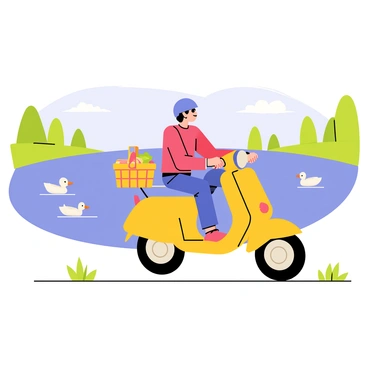 A rider on a moped heading towards a serene lake with a picnic basket in tow