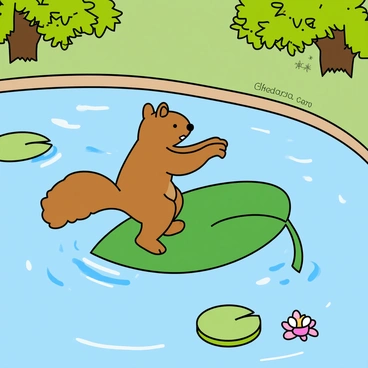 A small, brown squirrel with a bushy tail is playfully surfing on a large green leaf. The leaf floats on the surface of a clear, blue pond, surrounded by gentle ripples. The squirrel stands on its hind legs, balancing skillfully, with its front paws raised in the air. The water is dotted with lily pads and a few colorful wildflowers, adding to the scene. In the background, there are green trees with bright foliage, completing the lively atmosphere.