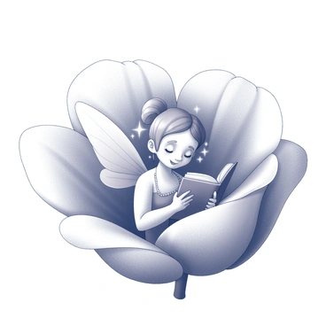 A fairy with delicate wings is nestled comfortably inside a large flower. The petals of the flower curve around her, forming a cozy sanctuary. She is holding a tiny book in her hands, her expression bright with a smile as she reads. The flower's inner details showcase intricate textures, while the fairy's attire is adorned with small patterns that complement her enchanting presence. Tiny wisps of magical energy seem to emanate from her as she enjoys her reading.