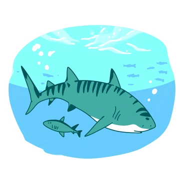 A teal mother tiger shark is gracefully swimming through open water alongside her lighter-colored pup. The mother shark has distinct dark stripes running along her body, while the pup has a more muted pattern. Sunlight filters down from the surface, creating sparkling reflections in the water. The background features small schools of fish swimming in harmony with the sharks, adding life to the underwater scene. Bubbles trail behind the sharks as they elegantly glide through the depths.