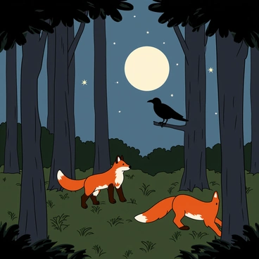 A dense forest with tall trees casting long shadows on the ground under the light of a full moon. The moon is bright and round, illuminating the scene with a soft glow. In the foreground, a red fox with a bushy tail is standing alert, its fur slightly ruffled by a gentle breeze. Perched on a low branch of one of the trees, a black crow is looking down with its head tilted. The sky is dotted with a few twinkling stars, enhancing the nocturnal atmosphere of the forest. The underbrush is filled with dark green foliage, providing a rich contrast to the silhouettes of the animals.