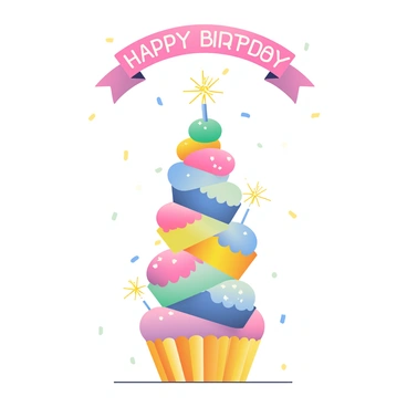 A tall tower of colorful cupcakes is displayed prominently on a birthday card. Each cupcake is uniquely decorated with vibrant frosting in shades of pink, blue, yellow, and green. The cupcakes are arranged in a spiral pattern, creating an eye-catching visual. Each cupcake is topped with a small sparkler that is lit, emitting bright, flickering lights. A festive banner with the words "Happy Birthday" arches over the top of the cupcake tower, adding to the celebratory feel of the composition. The background is adorned with subtle confetti patterns, enhancing the festive theme.