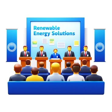 A group of engineers standing at a podium, presenting at a conference. They are showcasing innovative renewable energy solutions using visual aids such as charts and models. Each engineer is wearing professional attire, including suits and name tags. The audience is seated in rows, attentively listening and taking notes. The conference room is well-lit, with banners related to renewable energy displayed on the walls. A large screen behind the engineers displays the title “Renewable Energy Solutions” in bold letters.