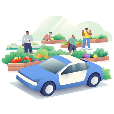 An electric car with a sleek design is parked next to an urban community garden. The car is bright blue with white accents, reflecting modern eco-friendly technology. Surrounding the vehicle, the garden is lush and vibrant, featuring various plants and vegetables such as tomatoes, peppers, and leafy greens. Colorful flower beds add a splash of color with blooms of red, yellow, and purple. In the background, there are wooden raised garden beds and a few people tending to the plants, wearing casual clothing. The scene captures the essence of green city living with sunlight filtering through the leaves, casting gentle shadows on the ground.
