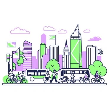 A bustling cityscape fills the scene, showcasing a variety of modern buildings with glass facades and intricate architectural designs. In the foreground, several flags and banners flutter in the wind, displaying different patterns and colors. People are walking along the sidewalks, some engaged in conversation while others are looking at their phones. A group of cyclists passes by, while in the distance, a public transport bus is making a stop. The sky above is clear, providing a bright backdrop to the lively urban environment.