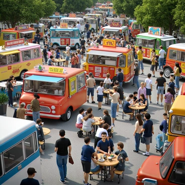A bustling street food market in Atlanta filled with a variety of colorful food trucks. The food trucks display vibrant designs and signs, showcasing different types of cuisines, such as tacos, barbecue, and gourmet burgers. There is a diverse crowd of people enjoying their meals, some sitting at picnic tables while others stand in groups chatting. The scene is lively with bright decorations and string lights overhead that add to the festive atmosphere. Vendors are serving food, and the air is filled with the enticing aromas of freshly cooked dishes.