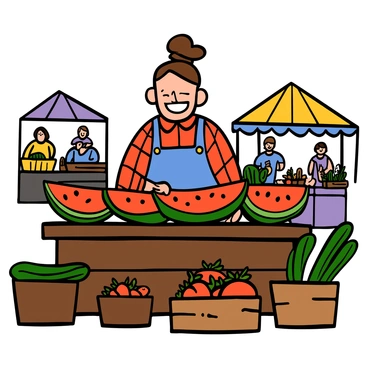 A farmer with light skin and short brown hair is standing behind a rustic wooden stall at a farmer's market. He is smiling widely and wearing a red plaid shirt and denim overalls. The stall is filled with fresh watermelon slices, showcasing their vibrant red flesh and green rinds. There are also baskets of other fruits and vegetables around, including cucumbers and tomatoes. The sunlight is casting a warm glow over the scene, highlighting the freshness of the produce. The background features other market stalls and people shopping.