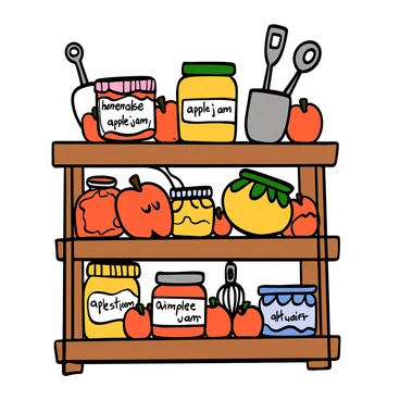 A pantry shelf filled with jars of homemade apple jam. Each jar has a different decorative label, showcasing colorful designs and handwritten descriptions. The jars are arranged neatly, with some standing upright and others slightly tilted. The shelf is made of wood with a warm finish, and there are small apples scattered around the jars for additional detail. The background features a few kitchen utensils, enhancing the homey atmosphere of the pantry.