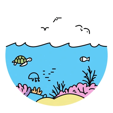 An illustration of ocean waves, with the water displaying a variety of blue and green hues. The surface of the water shows gentle undulations. Near the surface, a school of small fish swims, their bodies reflecting sunlight. A colorful coral reef is visible just below the waves, hosting a vibrant array of corals in shades of pink, orange, and purple. A sea turtle glides gracefully through the water, while a jellyfish pulses nearby, its tentacles trailing elegantly. A few seagulls can be seen soaring above the waves, adding to the lively scene.