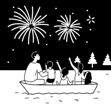 A family of four is sitting in a small boat on a lake, looking up at the night sky filled with fireworks. The father is wearing a short-sleeve shirt and shorts, while the mother is dressed in a light summer dress. Two children, a boy and a girl, are excitedly pointing at the fireworks, the boy wearing a t-shirt and shorts, and the girl in a sleeveless top and capri pants. The water reflects the bright bursts of light from the fireworks, creating a lively atmosphere. The background features silhouettes of trees along the shoreline under a starry sky.