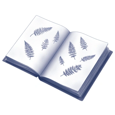An explorer's journal is open, revealing a page filled with hand-drawn illustrations of various ferns. The page features detailed sketches of ferns in different sizes and shapes, showcasing the unique texture of each leaf. Some ferns are depicted in clusters, while others stand alone, demonstrating their varied forms. The ink lines are intricate, capturing the delicate fronds and the natural curves of the plants. The background of the page is slightly aged, with subtle creases and a worn appearance, adding to the authenticity of the journal.