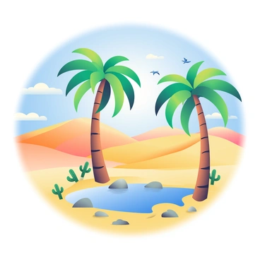 A lush oasis is positioned in the center of a sun-drenched desert. Tall palm trees with vibrant green fronds surround a small, clear blue pond. The sand surrounding the oasis is a golden hue, dotted with scattered stones. In the background, rolling dunes rise and fall under a bright blue sky. Warm air creates a shimmering effect in the distance, distorting the view of the horizon. Small patches of prickly pear cactus add texture to the landscape, contrasting with the smooth sand. Birds can be seen flying above the palm trees.
