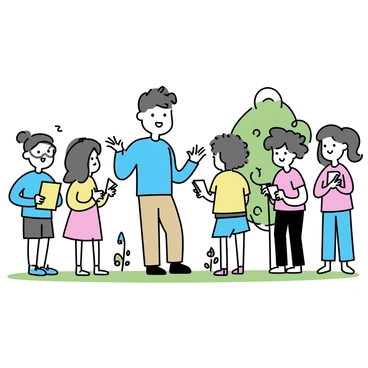A tutor stands in a grassy area surrounded by a group of five students. The tutor, wearing a blue shirt and khaki pants, is gesturing animatedly with a smile. The students, two boys and three girls, are engaged and attentive. One girl, with long brown hair, is taking notes in a yellow notebook. A boy with glasses is raising his hand to answer a question, while another girl, with curly hair, is holding a colorful marker. The scene is lively with trees and a clear blue sky in the background.