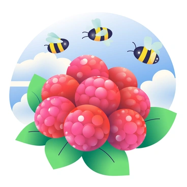 Bees hovering around ripe raspberries on a sunny day