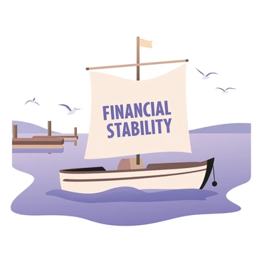 A digital flat illustration featuring a boat anchored securely in a calm harbor. The boat has a white sail prominently displaying the phrase "Financial Stability" in bold, dark blue letters. The harbor is surrounded by gentle waves and includes a few wooden docks on either side. In the background, there are distant hills and a clear blue sky. Seagulls are flying above the boat, adding to the lively atmosphere of the scene. The boat is detailed with a sleek hull and a small flag at the top of the mast.