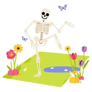 A skeleton in a yoga pose is situated on a green yoga mat in a garden. The skeleton has a cheerful expression and is balancing in a tree pose. Surrounding the skeleton are colorful flowers in full bloom, including red roses, yellow daisies, and purple tulips. Lush green grass is beneath the mat, and a small, ornamental pond can be seen in the background, reflecting the blue sky. A few butterflies flutter around the flowers, adding to the lively atmosphere of the garden.