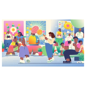A vibrant urban scene filled with people engaging with large, colorful street art. The murals, inspired by Ahki, feature intricate designs with bright patterns and bold colors. Groups of individuals are gathered, admiring the artwork, while some are taking photos. A young woman with curly hair is pointing at a mural, while a man nearby is sitting on a bench, sketching in a notebook. There are plants and small trees lining the street, adding greenery to the lively atmosphere. The sun casts soft shadows, enhancing the visual richness of the scene.
