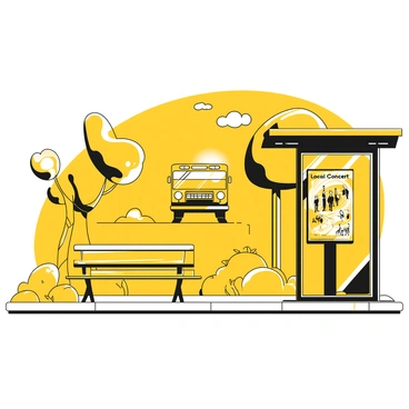 A bus stop with a shelter made of metal and glass. The bench is empty, and there is a vibrant poster attached to the side of the shelter. The poster features bold lettering that states "Local Concert" and includes various bands and performers. Surrounding the bus stop are a few trees with thick trunks and a sidewalk with scattered leaves. The sky is clear, allowing sunlight to illuminate the scene. A bus is approaching in the distance, with its headlights visible.