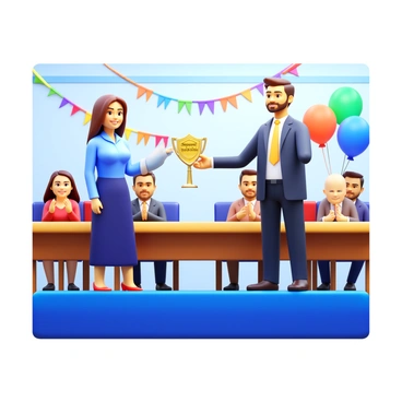 A celebration ceremony taking place in a well-lit conference room. An employee is standing on a stage, wearing formal attire, with a proud expression on their face. The employer, also dressed in a suit, is handing over a shiny award, which has "Employee of the Month" engraved on it. In the background, there are colorful decorations, including balloons and banners that say "Congratulations!" A small audience is clapping and smiling, showing their support and joy for the employee's achievement.
