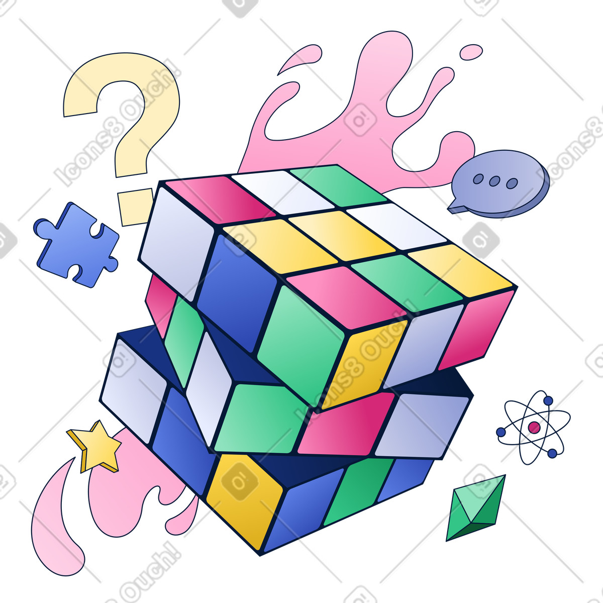 Rubik's cube with abstract elements, Creative problem solving process illustration in Neat style download in PNG, SVG