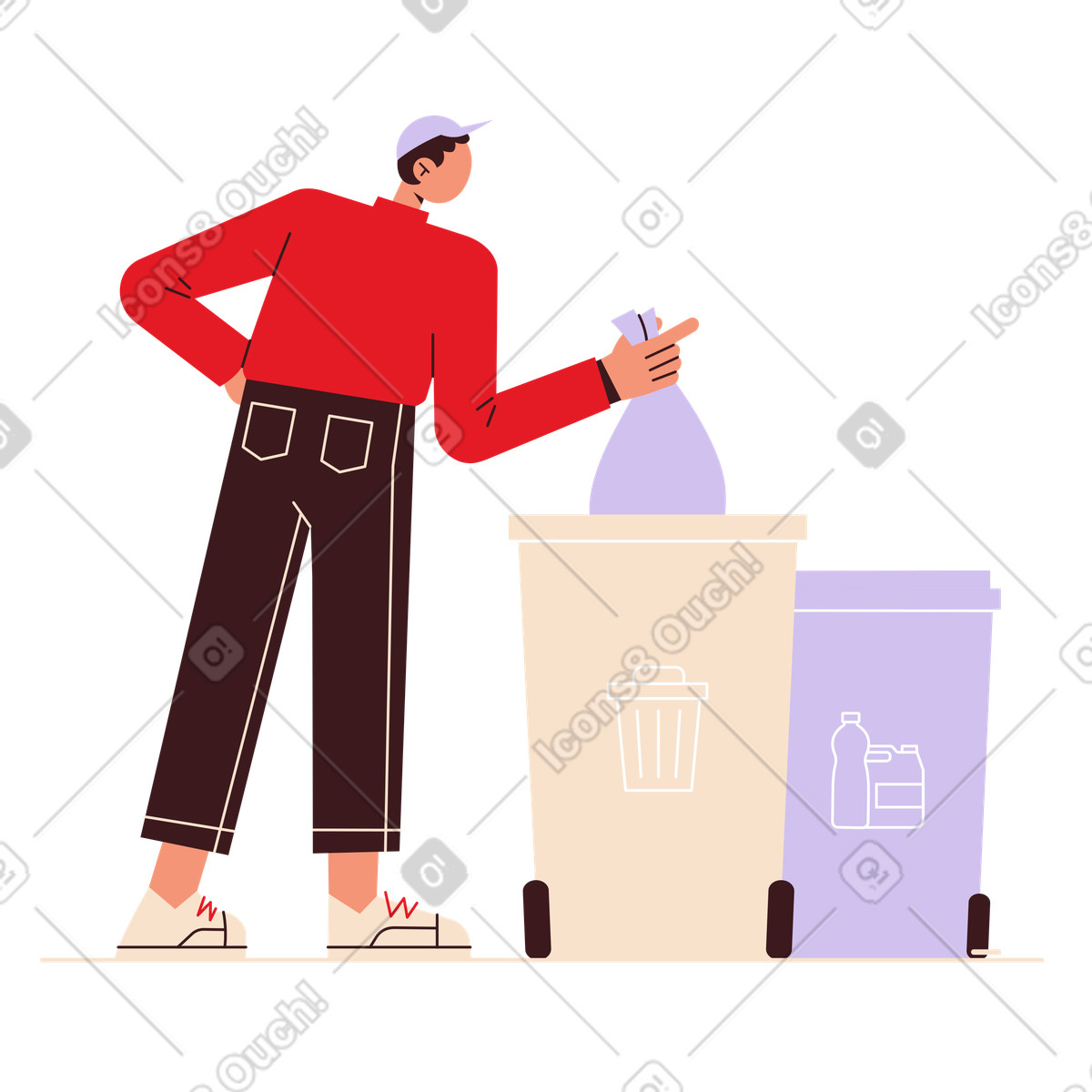 Illustration Homme jetant les ordures dans des poubelles séparées le style Folks à télécharger aux formats PNG, SVG
