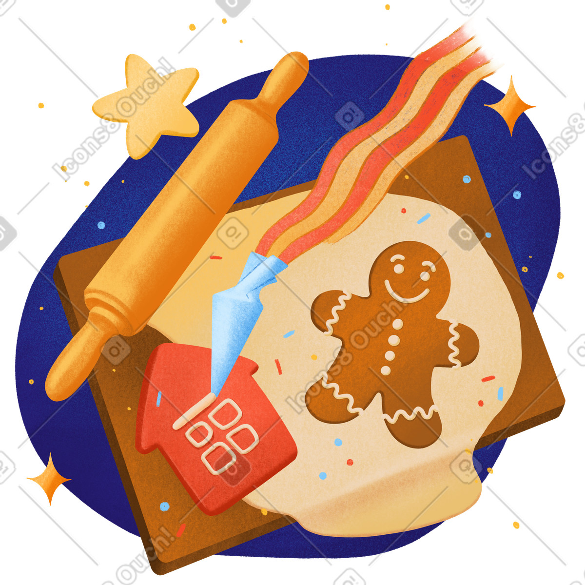 Ginger cookies and rolling pin on baking board, Creative holiday activity session illustration in Gleam style download in PNG, SVG