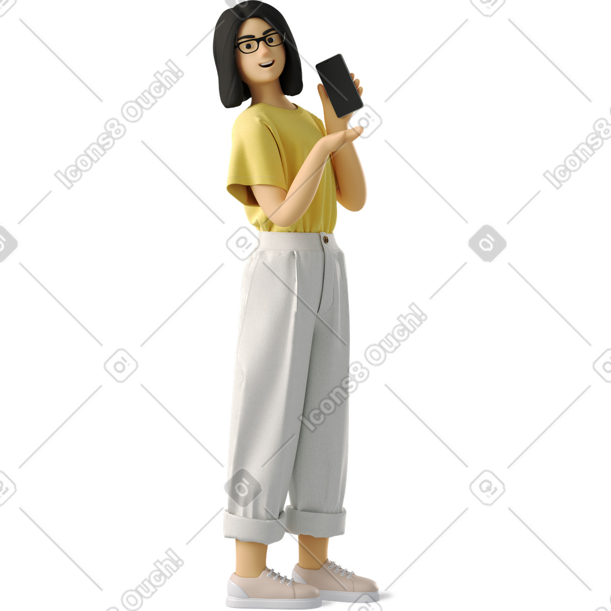 Ilustración Young woman joyfully shows the phone en estilo 3D Business a descargar en PNG y SVG