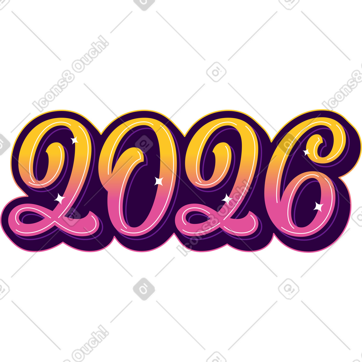 Lettering 2026 with purple shadow and stars text illustration in style download in PNG, SVG