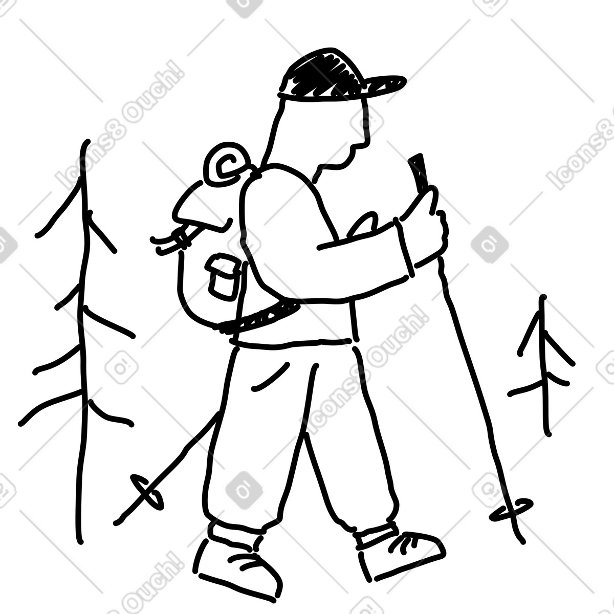 Hiker walking with backpack and trekking poles among pine trees-Illustration im Rough Sketch-Stil als Download in PNG, SVG