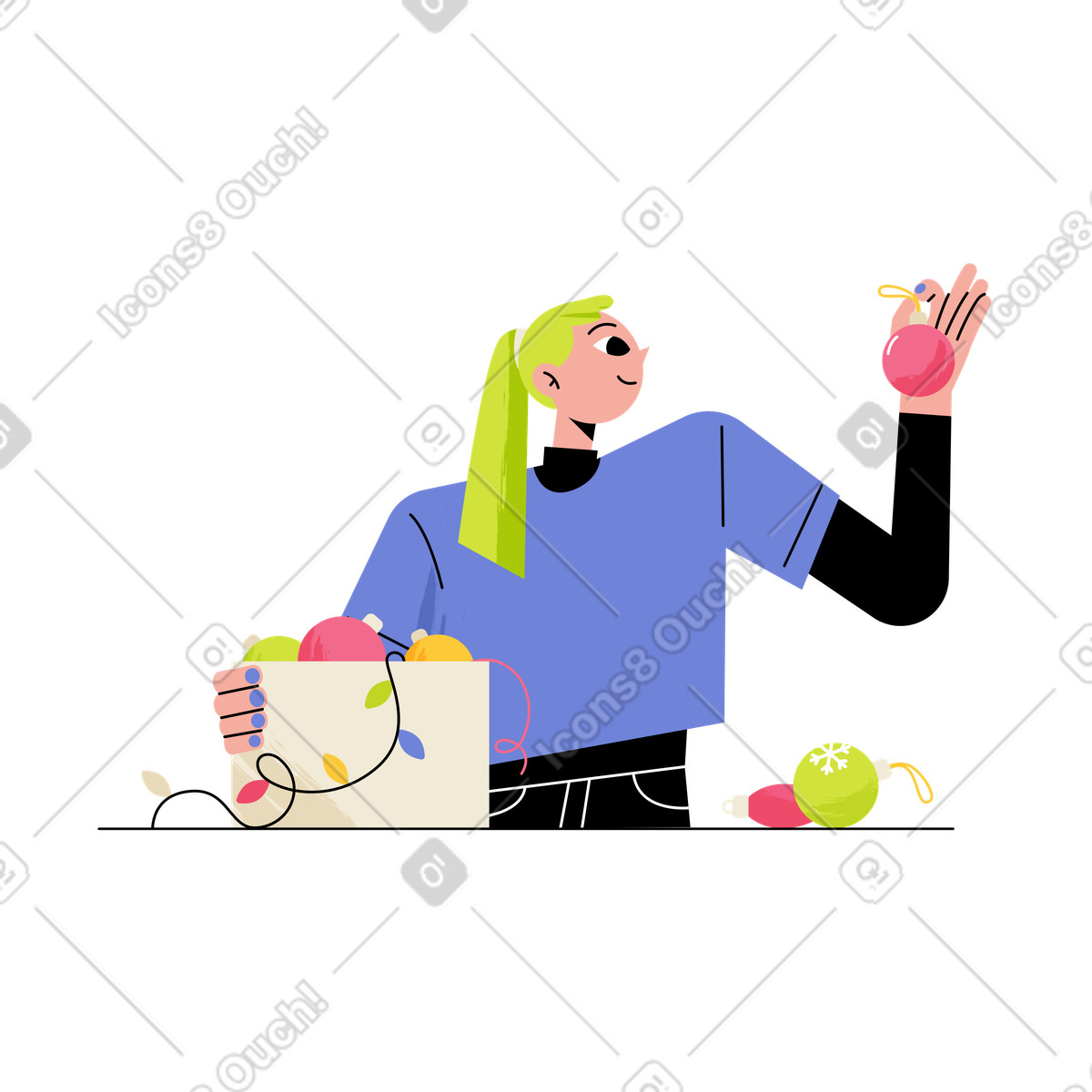 Unpacking holiday decorations, Preparing for Christmas celebration-Illustration im Juicy-Stil als Download in PNG, SVG