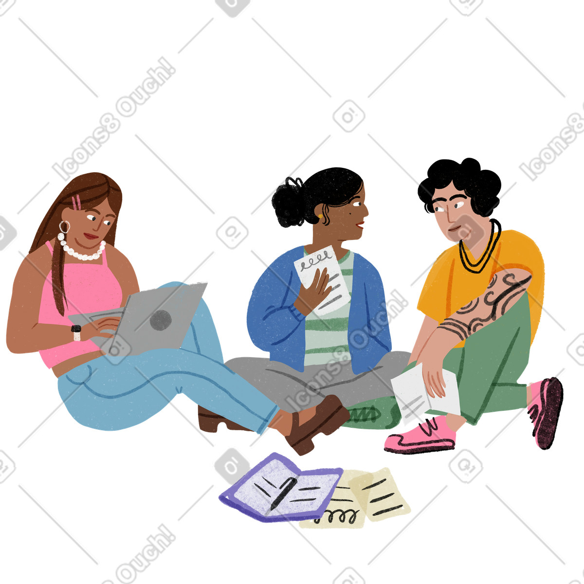 Group of people sitting down with books illustrazione in stile Public scarica in PNG, SVG