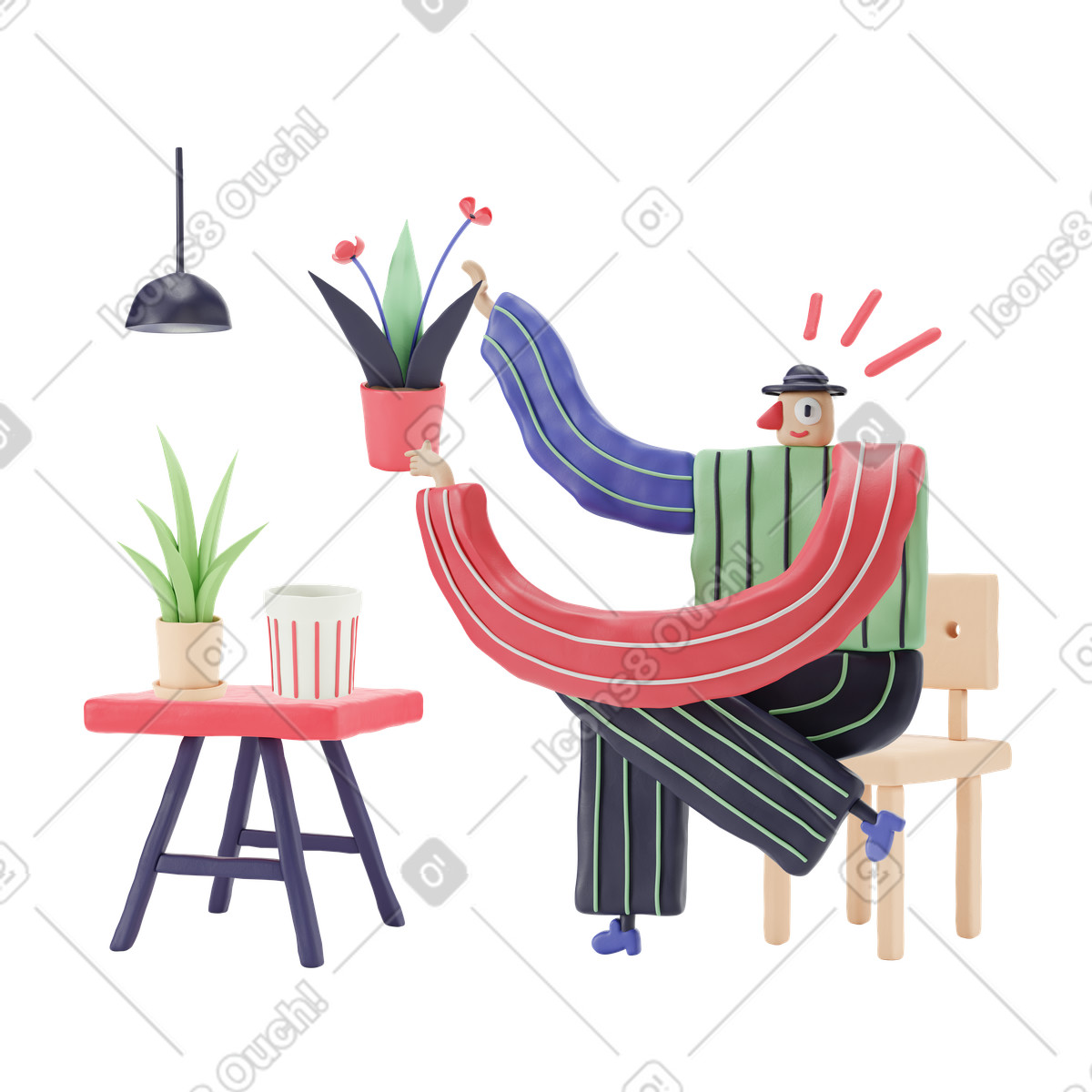 Man gärtnert und hält eine pflanze sorgfältig-Illustration im 3D Stripy-Stil als Download in PNG, SVG