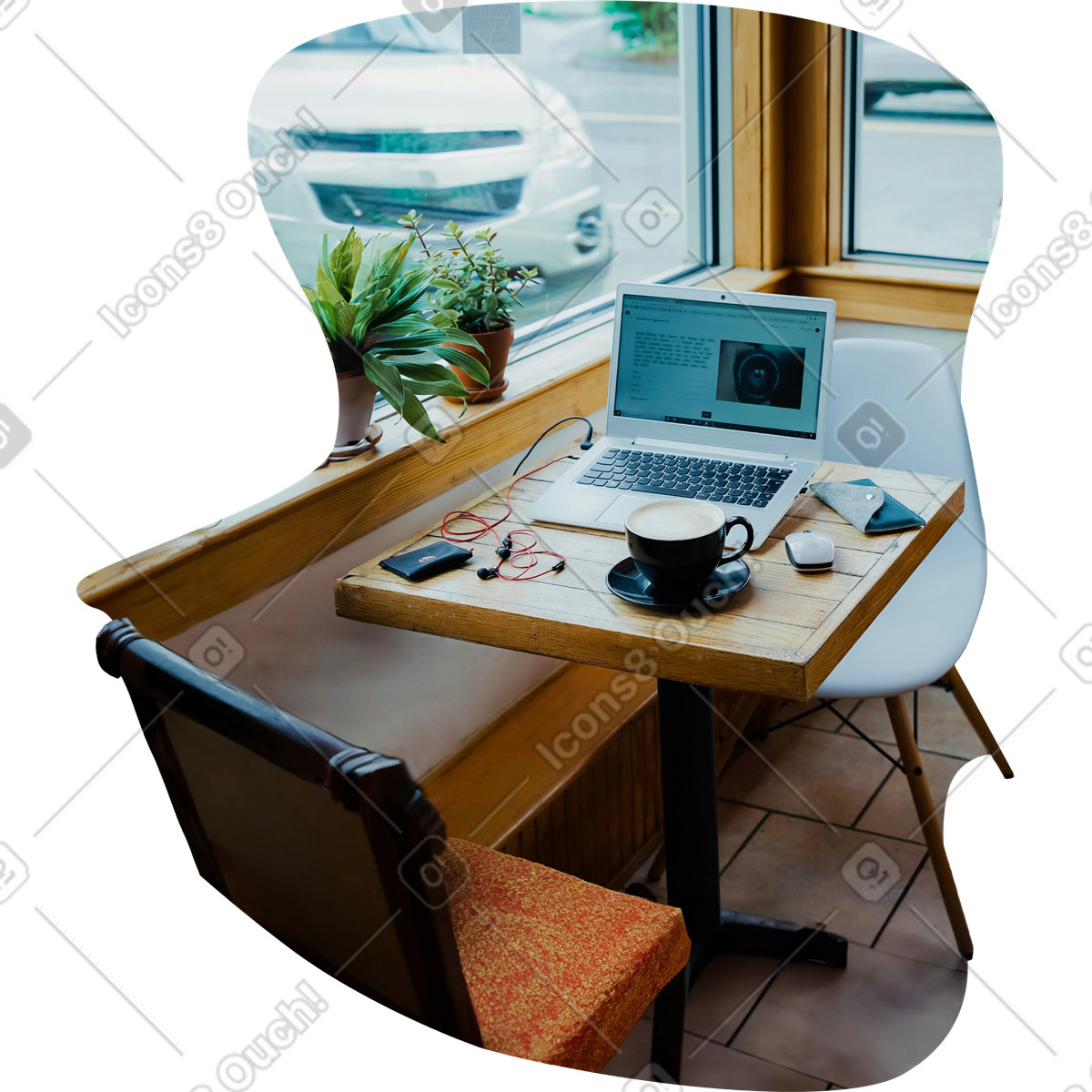 Illustration Café de fond avec table et ordinateur portable dans le style Everyday à télécharger aux formats PNG, SVG